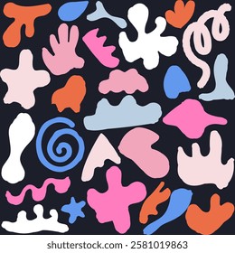 Seamless pattern with colorful abstract shapes in retro style. Hand drawn figures. Flat vector illustration.