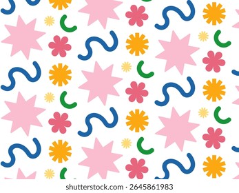 Padrão contínuo com formas abstratas coloridas, estrelas e flores. Fundo retro lúdico em um divertido estilo de Memphis dos anos 80 para crianças e decoração de festa
