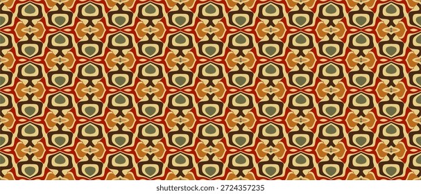 Padrão contínuo de formas abstratas coloridas em tons vermelhos, marrons e beges, ideal para planos de fundo e texturas.