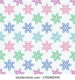 Patrón transparente de copos de nieve abstractos coloridos sobre fondo de luz para papel de pared, embalaje y textiles. Tejido sin fin vectorial plano para mosaico.