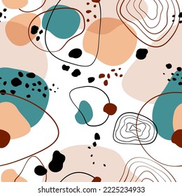 Lugares y líneas abstractas de colores sin inconveniente. Fondo artístico de gotas y puntos de color. Plantilla moderna para textiles, prendas de vestir, embalaje, papel de envoltura. Ilustración vectorial.