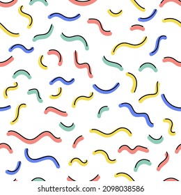 Seamless pattern of colorful abstract squiggles of wavy lines. retro memphis style. Vector illustration isolated on white background.