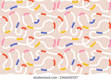 Patrón inmaculado de coloridas líneas abstractas de calamares, espiral de garabatos y líneas onduladas. Interminables garabatos caóticos sobre fondo beige. Ilustración del vector