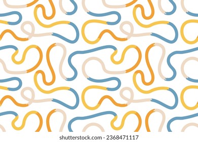 Seamless pattern of colorful abstract squiggles print, scribble spiral and wavy lines. retro 80s memphis style. Chaotic ink brush scribbles. Vector illustration