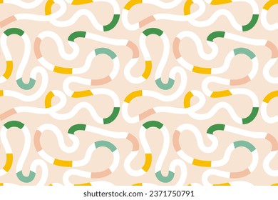 Seamless pattern of colorful abstract squiggles print, scribble spiral and wavy lines. retro 80s memphis style. Chaotic ink brush scribbles. Vector illustration