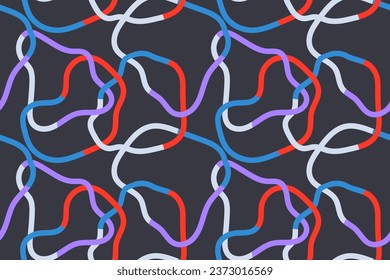 Patrón inmaculado de coloridas líneas abstractas de calamares, espiral de garabatos y líneas onduladas. Cintas de tinta caótica deforman círculos sobre fondo azul oscuro. Ilustración del vector