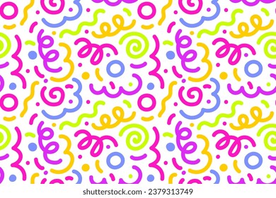 Patrón inmaculado de coloridas líneas abstractas de calamares, espiral de garabatos y líneas onduladas. estilo retro de los años 80. Garabatos caóticos de pincel de tinta. Ilustración del vector