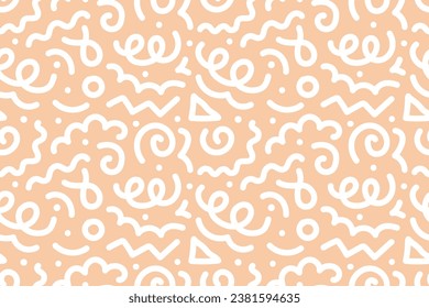 Seamless pattern of colorful abstract squiggles print, scribble spiral and wavy lines. retro 80s style. Chaotic ink brush scribbles. Vector illustration