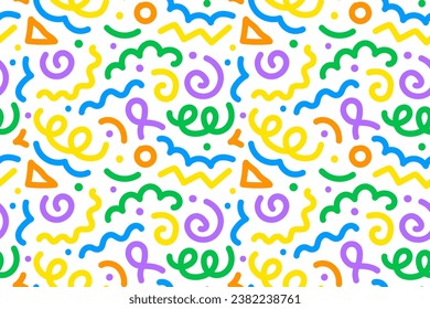 Patrón inmaculado de coloridas líneas abstractas de calamares, espiral de garabatos y líneas onduladas. estilo retro de los años 80. Garabatos caóticos de pincel de tinta. Ilustración del vector