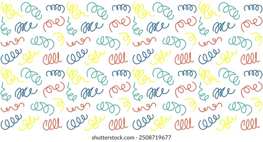 Seamless pattern with colorful abstract squiggles arranged randomly on a transparent background. Creative template for children's fabric, cover or wrapping paper. Back to school theme. Vector