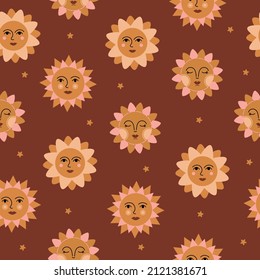 Seamless pattern of colorful abstract Suns with faces and stars. Ethnic bohemian style. Vector background.