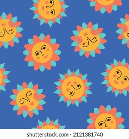 Seamless pattern of colorful abstract Suns with faces. Ethnic trendy style. Vector background. Perfect for textile prints