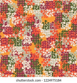 Seamless pattern. Colorful abstract urban camouflage. For children and women. Rows of small squares. Editing is available.