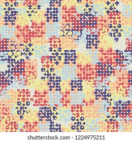 Seamless pattern. Colorful abstract urban camouflage. For children and women. Rows of small squares. Editing is available.