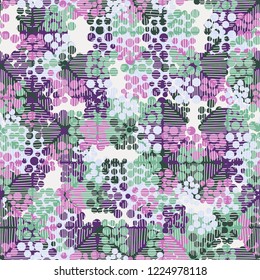 Seamless pattern. Colorful abstract urban camouflage. For children and women. Casually shaded squares. Editing is available.