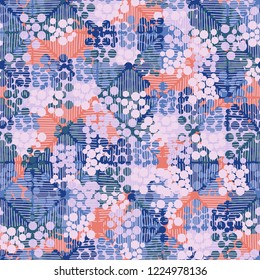 Seamless pattern. Colorful abstract urban camouflage. For children and women. Casually shaded squares. Editing is available.