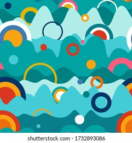 Seamless pattern with colorful abstract waves. Curve shapes, circles. Creative background with waved layers. Wallpaper, textile, wrapping paper, print on clothes.