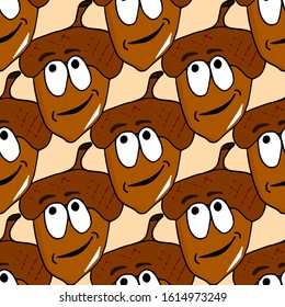 Seamless pattern with colorful acorns cartoon character with a pensive look on a white background. Doodle style. Perfect for invitations, cards, prints, flyers, posters.