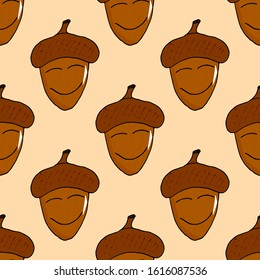 Seamless pattern with colorful acorns cartoon character with a pleased expression on a white background doodle style. Perfect for invitations, cards, prints, flyers, posters.