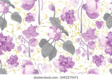 A Seamless pattern with colorful African violet flowers isolated on the white background. Golden textured shapes with the aged effect placed around the flowers.