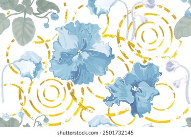 A Seamless pattern with colorful African violet flowers isolated on the white background. Golden textured shapes with the aged effect placed around the flowers.