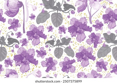 A Seamless pattern with colorful African violet flowers isolated on the white background. Golden textured shapes with an aged effect are placed around the flowers.