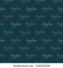 Seamless pattern of colorful airplanes. Perfect for home textiles, fabrics, decorations and other interior solutions. Dark blue background.