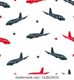 Seamless pattern with colorful airplanes and stars on the white background. Vector illustration