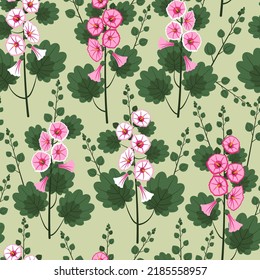 seamless pattern with colorful Alcea flowers
