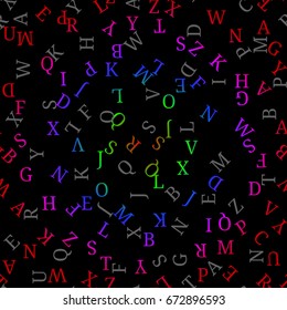 Seamless pattern with colorful alphabet, , isolated on black background. Vector illustration, easy to edit.