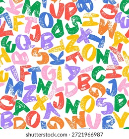 Nahtloses Muster bunten Alphabet über. Bouncy schrullige Display-Schriftart mit farbigen bedrängten Großbuchstaben, Punk-Schablone Graffiti-Stil und fett Pinsel Textur. Nahtlose Muster Schriftart weißer Hintergrund.