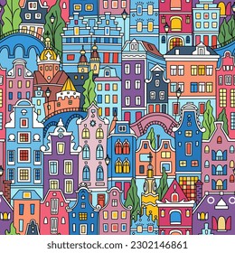 Seamless pattern with colorful Amsterdam typical dutch houses, Holland, Netherlands