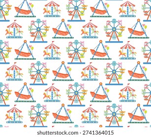 Seamless pattern of colorful amusement park rides. Bright background with ferris wheel, swinging ship and carousel.