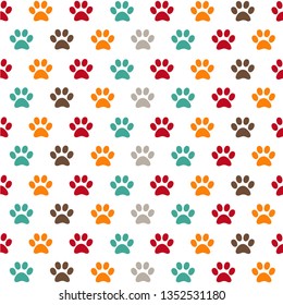 Seamless pattern with colorful animal foot prints, paws