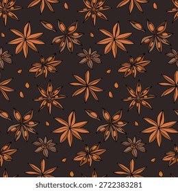 Padrão perfeito com anis colorido, estrelas de especiarias em um fundo de chocolate rico