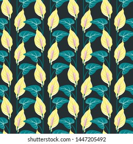 Seamless pattern with colorful anthurium flowers and leaves