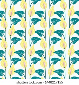 Seamless pattern with colorful anthurium flowers and leaves
