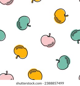 Seamless pattern with colorful apples and black outline