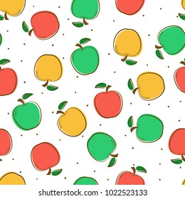 Seamless pattern from colorful apples with a leaf on a white background. Outline. Red, green, yellow. Design for textiles, posters, labels. Vector illustration