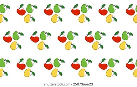 Seamless pattern with colorful apples on white background. For design of wrapping paper, fabric, textile products, cover. Vector graphics