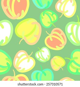Seamless pattern with colorful apples and word Eco on green background. Unusual apples made from letters. Ecological background.