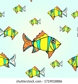 Seamless pattern with colorful aquarium fish. Vector drawing illustration for design.Perfect for invitations, cards, prints, flyers, posters.