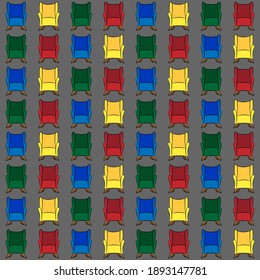 Seamless pattern with colorful armchairs on grey background. Pattern for different types of fabric and wrapping paper