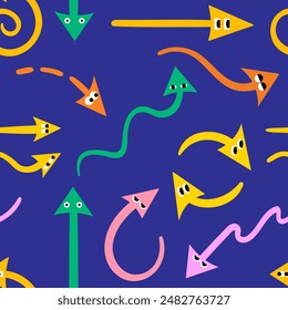 Seamless pattern of colorful arrows in different directions drawn by hand with a brush on a dark background. Vector illustration