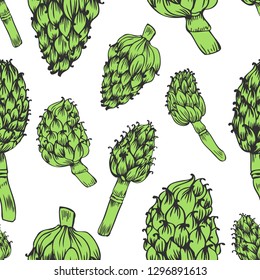 Seamless pattern colorful Artichoke hand drawn vector ink sketch isolated on white background, herbal decorative plant texture, Organic food ingredient, for design wallpaper, restaurant menu, cosmetic