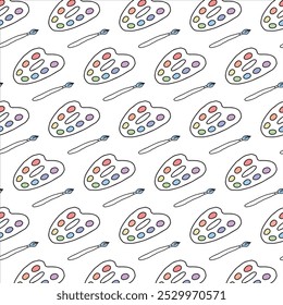 Seamless pattern of colorful artist palettes and brushes on white background. Concept of creative tools, art supplies, decorative design, painting essentials. Wallpaper, Print, Textile, Stationery