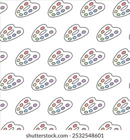 Seamless pattern of colorful artist palettes on white background. Concept of creative tools, art supplies, decorative design, painting essentials. Wallpaper, Print, Textile, Stationery