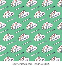 Seamless pattern of colorful artist palettes and brushes on green background. Concept of creative tools, art supplies, decorative design, painting essentials. Wallpaper, Print, Textile, Stationery