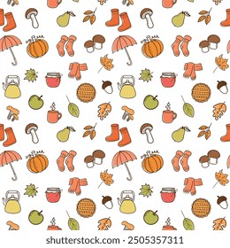 Modelo inconsútil con los garabatos coloridos del otoño. Atributos lindos, Elementos de otoño acogedores. Bufanda, calcetines, taza de té, pastel, manzana, mermelada, calabaza, hojas, bellotas y champiñones. Patrón de Vector, contorno.