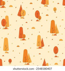Seamless pattern with colorful autumn forest. Falling leaf in the forest seamless background